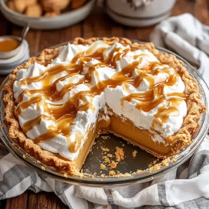 A golden pie with whipped cream clouds and caramel drizzles, a wedge missing to show off that smooth inside.