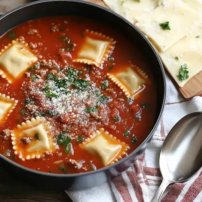 Ravioli soaking in saucy tomatoes, topped with beef and fresh chopped herbs, plus a side plate of raw pasta.