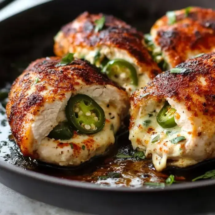 Three golden chicken breasts stuffed with cheese and jalapeños resting in a dark skillet.
