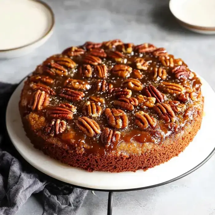 A shiny pecan upside-down cake sits on a white stand, with a napkin and plate nearby. Caramel glistens over the crunchy pecans.