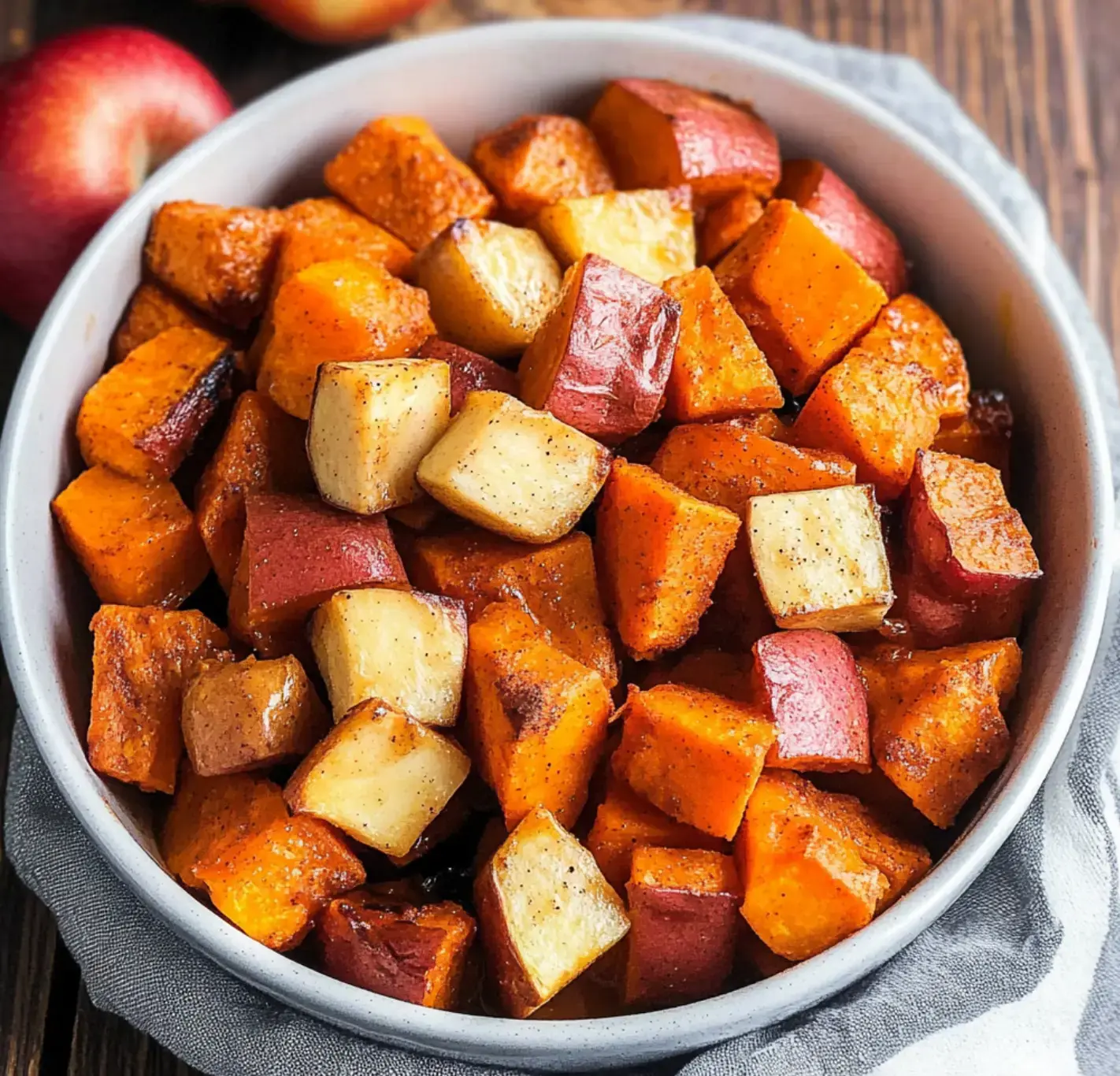 A bowl overflowing with glossy roasted sweet potato and apple bites, all glistening from the syrupy coating.
