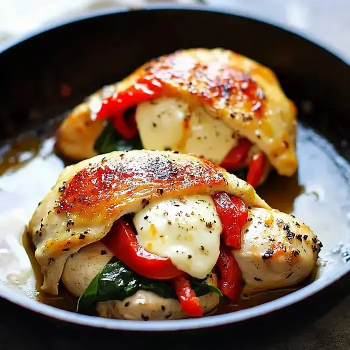 Two chicken breasts in a pan bursting with gooey cheese, spinach, and roasted peppers.