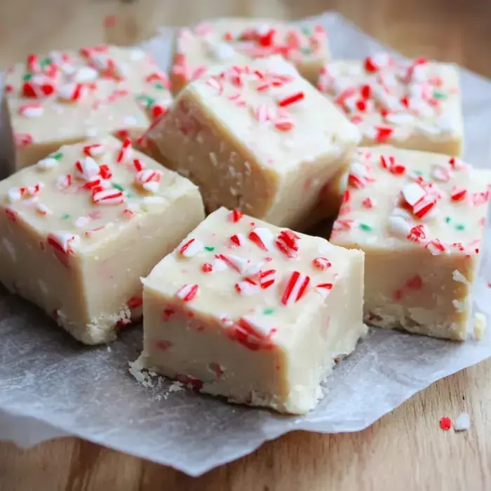 Squares of creamy white peppermint fudge topped with red and green candy bits, fresh on parchment paper.