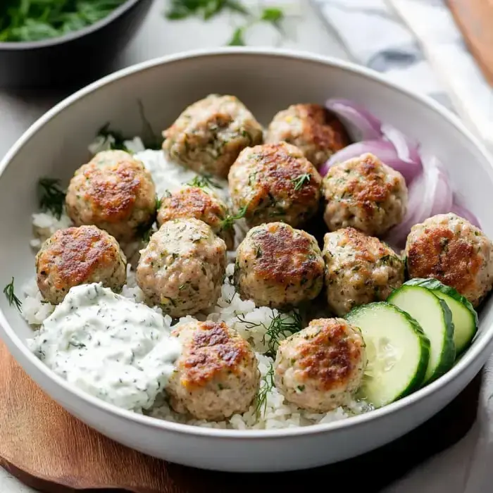 A bowl filled with fluffy rice, topped with browned meatballs, a dollop of creamy tzatziki, red onion, cucumber slices, and fresh dill.