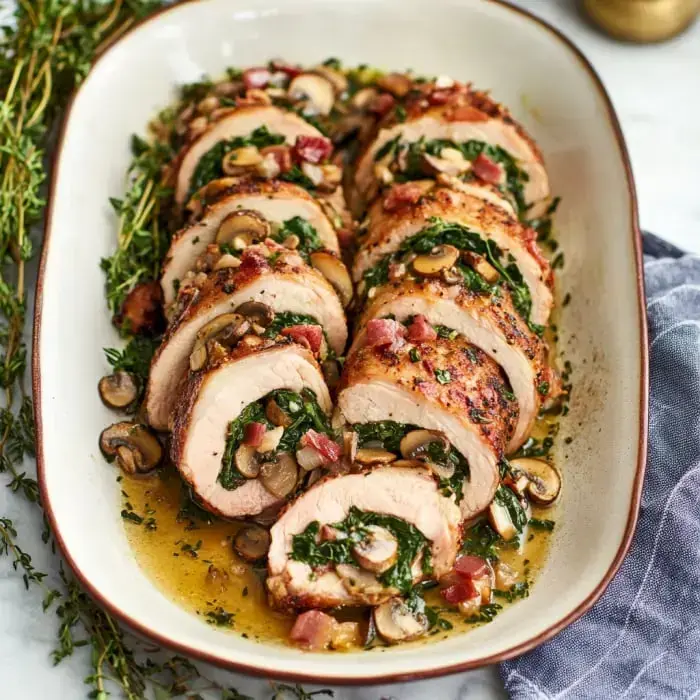 Plated slices of stuffed chicken breast loaded with mushrooms, spinach, and bacon, topped with herbs and sauce for a colorful finish.