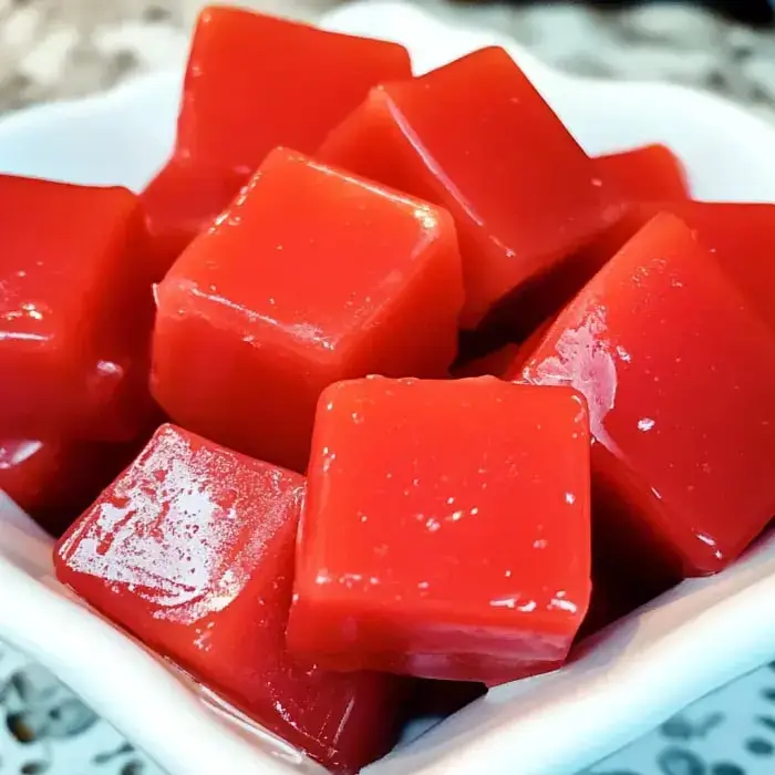 Shiny, bright red gelatin cubes up close in a small white dish.