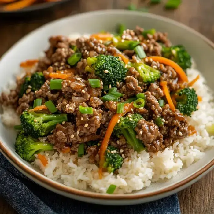 White rice topped with saucy beef, broccoli, carrots, and green onions, finished with sesame seeds.