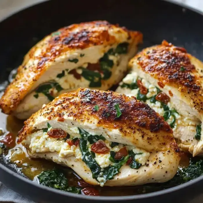 Three chicken breasts filled with creamy cheese, spinach, and sun-dried tomatoes sitting in a pan.