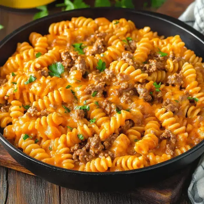 Zoomed-in bowl of rotini pasta with ground beef and melty cheese, topped off with fresh parsley sprinkles.