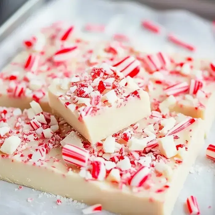 Crushed candy canes and creamy peppermint fudge squares rest on a tray, ready to eat or give away.