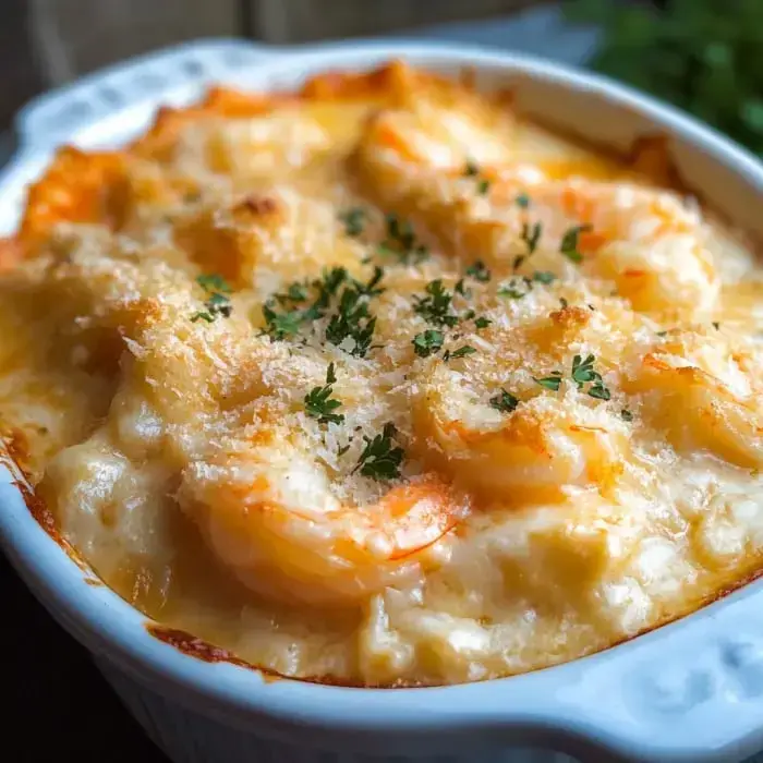 A cheesy shrimp bake with crisp breadcrumbs and fresh herbs, hot and bubbly from the oven.