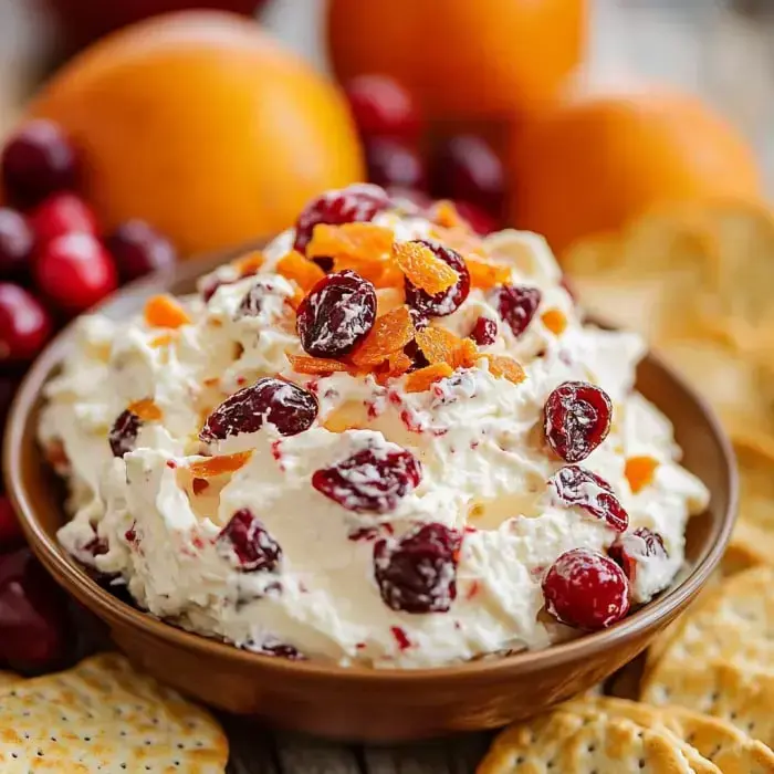 Creamy dip topped with dried cranberries and orange bits in a bowl, crackers and orange slices all around.