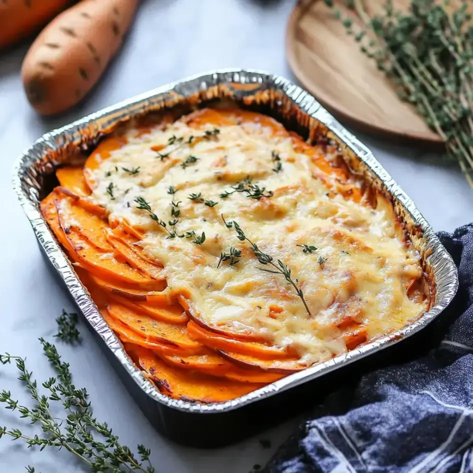 Cheesy layers of orange sweet potatoes baked until bubbly and topped with thyme sprigs.