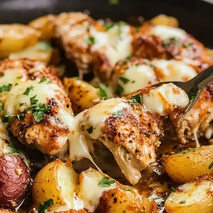 Melted cheese-topped chicken surrounded by crispy potatoes and sprinkled with fresh parsley.