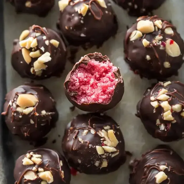 Chocolate truffles packed close together, one bitten open to show off a bright pink inside, with plenty of chopped nuts on top.