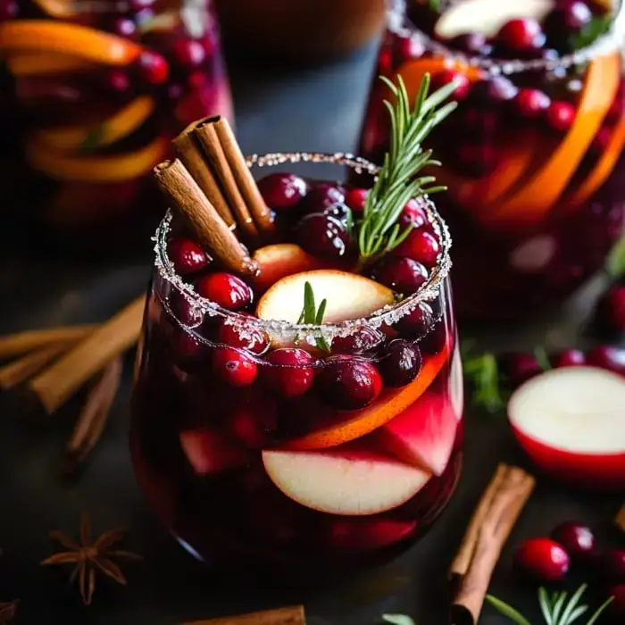 A cocktail glass close up showing cranberries, apple slices, cinnamon sticks, rosemary, and sugar around the rim.