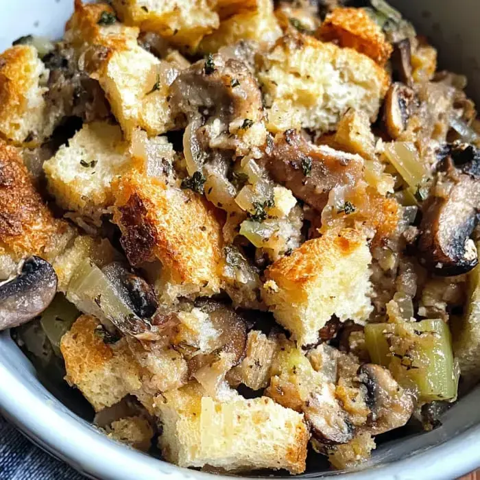 Bowl packed with tasty bread stuffing loaded with mushrooms, celery, onions, and herbs up close.