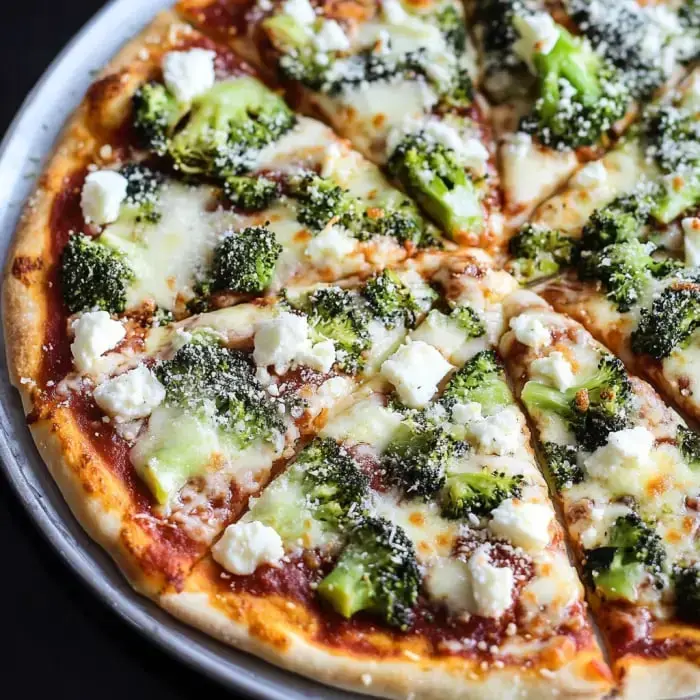 Close-up of pizza with broccoli and melted white cheese on a golden baked crust.