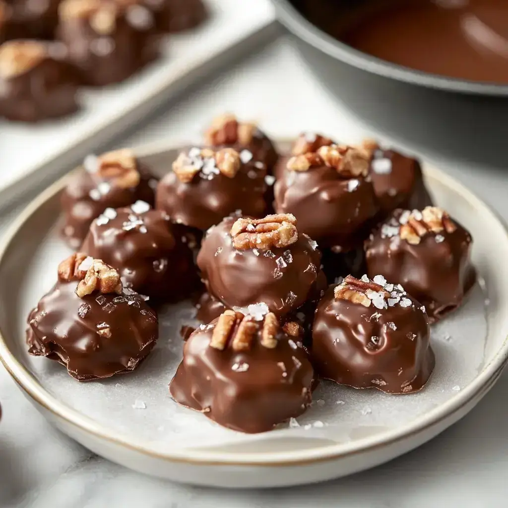 Chocolatey bites topped with pecans and sea salt stacked on a plate.