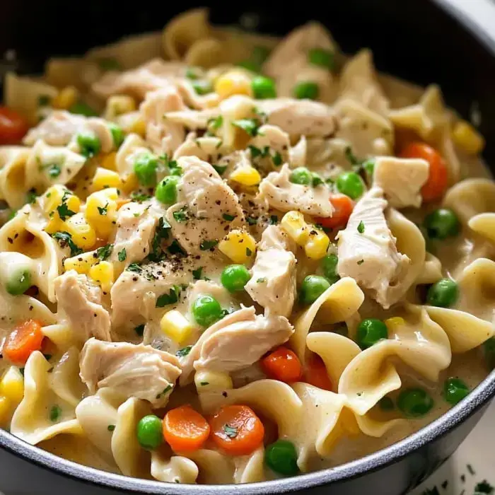 A creamy pasta dinner with rotini noodles, juicy chicken, and bright veggies like peas, corn, and carrots.
