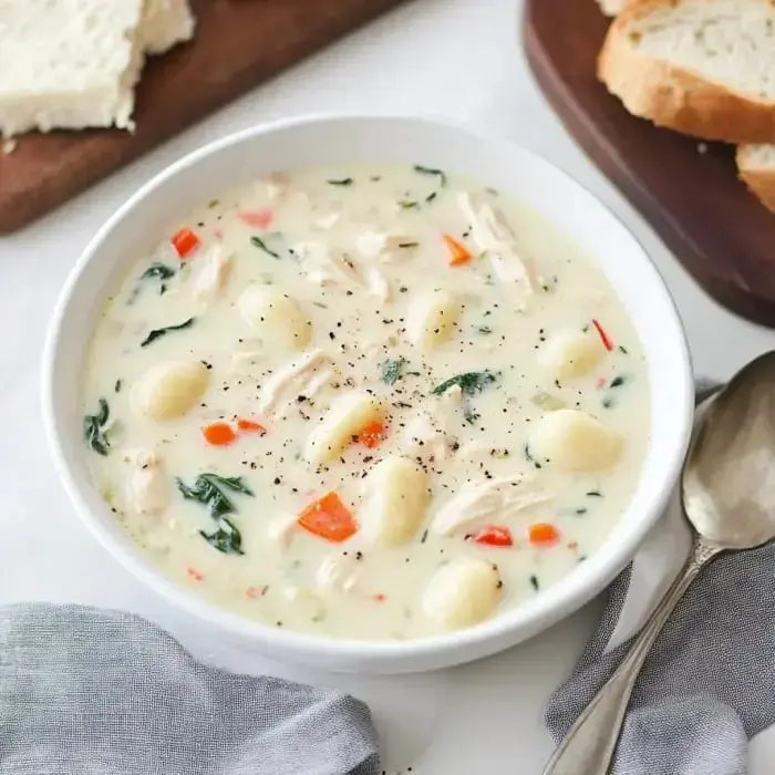Creamy chicken with gnocchi soup filled with spinach and red peppers, plus some bread slices sitting on a board.