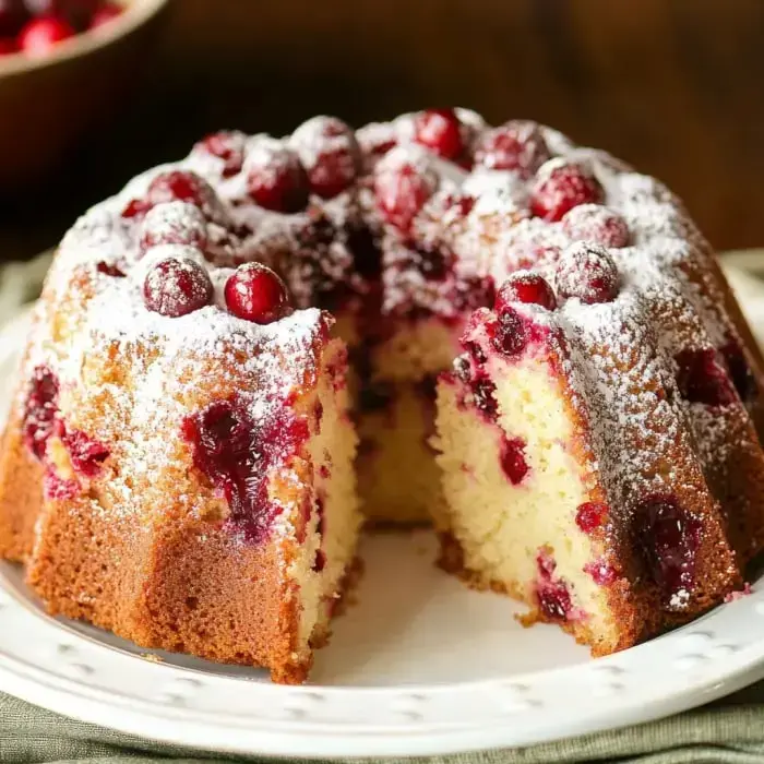 A bundt cake sliced up with tart cranberries and a dusting of sugar, all sitting on a fancy plate.