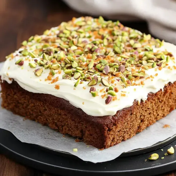 A rectangle-shaped cake smothered in creamy white frosting and topped with pistachios and crunchy crumbs.