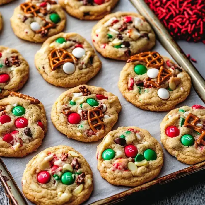 A baking sheet piled with warm cookies covered in colorful candies, pretzel pieces, and festive sprinkles.