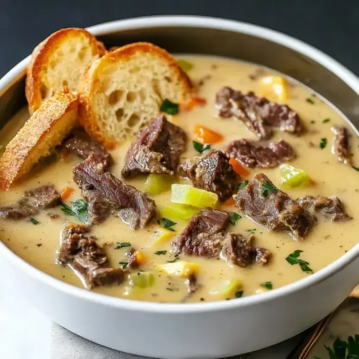 A creamy soup served in a white bowl with tender beef strips, carrots, celery bits, topped with chopped parsley and toasted bread slices.