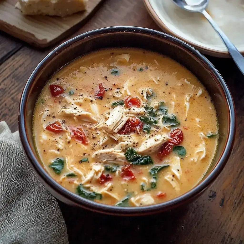 A creamy bowl packed with chicken shreds, wilted spinach, tomatoes, and a hunk of bread on wood.