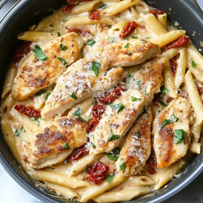 Creamy pasta loaded with grilled chicken strips, bright sun-dried tomatoes, and plenty of herbs in a black skillet.
