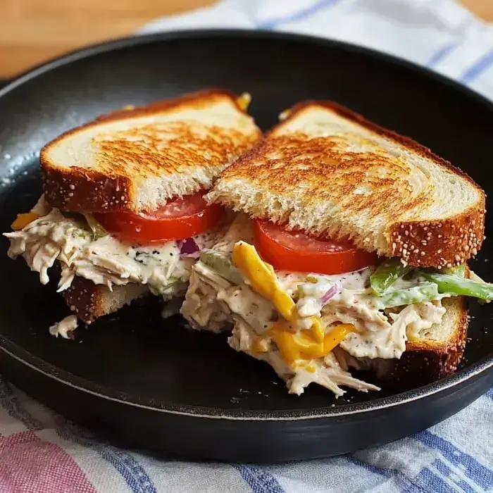 A grilled sandwich loaded with chicken salad, cheese, tomato, and lettuce on a black plate.