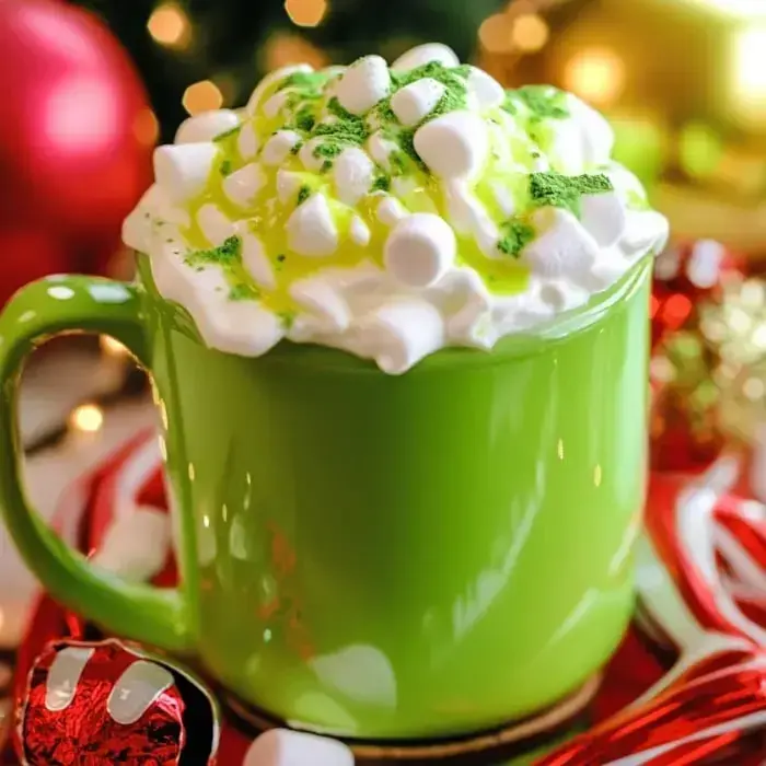 Bright green cocoa in a mug topped with whipped cream, sprinkles, and marshmallows on a festive table.