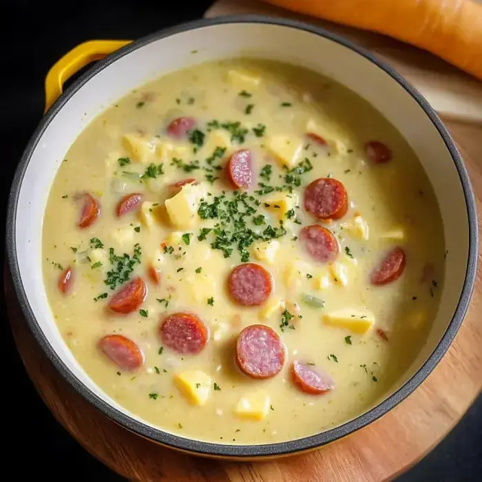 Creamy soup loaded with sliced sausage, tender potatoes, and fresh parsley on top, served in a white pot.