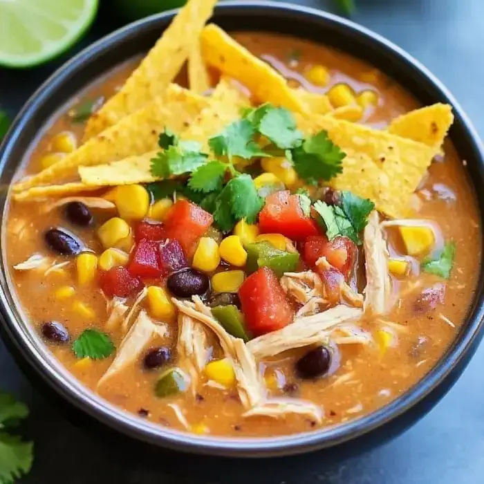 A bowlful of bright chicken soup loaded with tortilla strips, fresh cilantro, and chopped veggies.
