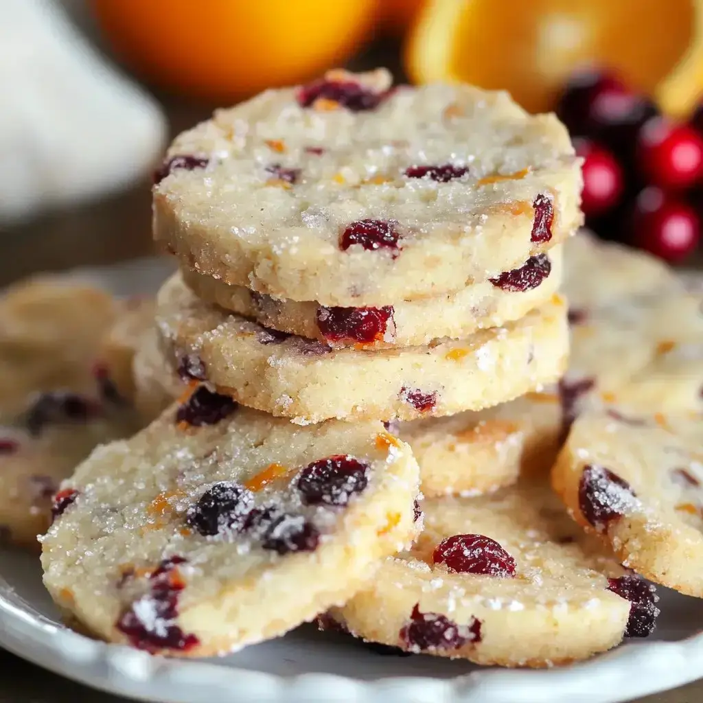 Sugary cookies piled high, with orange zest and cranberries on a white plate, plus some fresh fruit behind the stack.