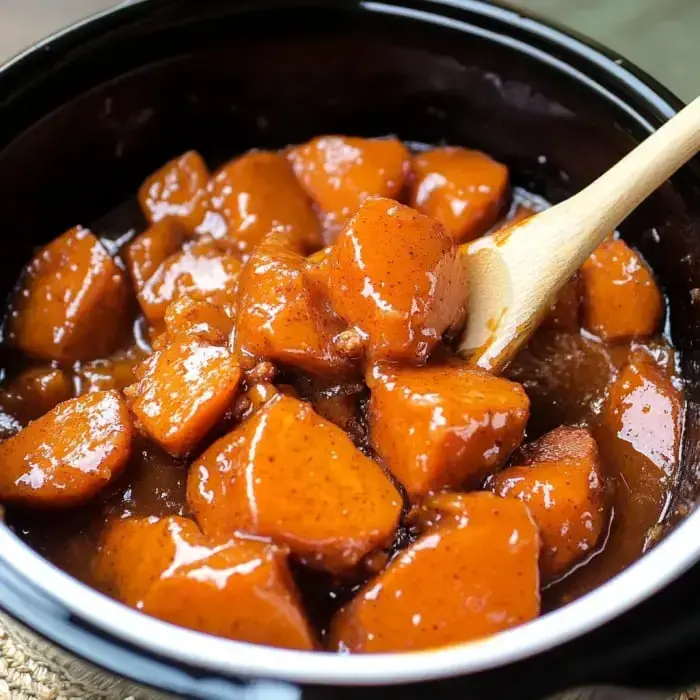 Chunks of sweet potato covered in shiny brown sauce with a wooden spoon digging in, all inside a black bowl.