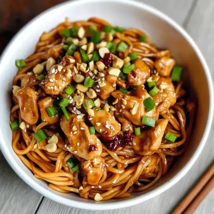 Chicken and noodles loaded with green onions, sesame seeds, and crushed peanuts in a bowl.