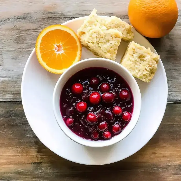 A plate holding a bowl filled with cranberry sauce and whole cranberries, slices of orange, and two pieces of cornbread.