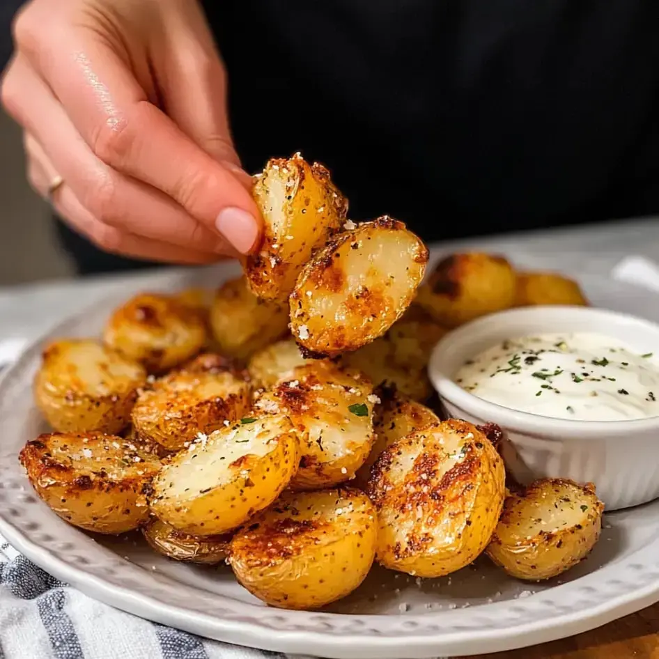 A hand grabs a crunchy roasted spud off a plate with creamy sauce nearby.