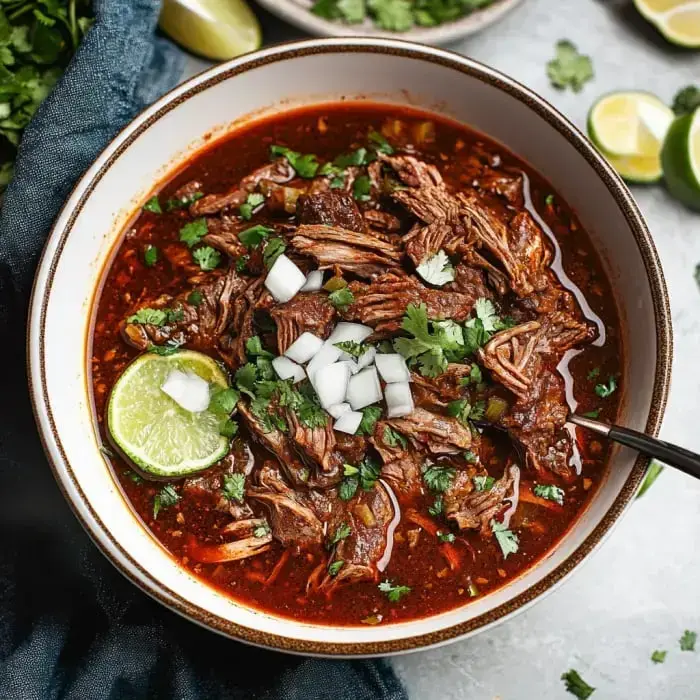 A steaming red stew full of shredded beef, cilantro, diced onion, and a juicy lime slice on top.
