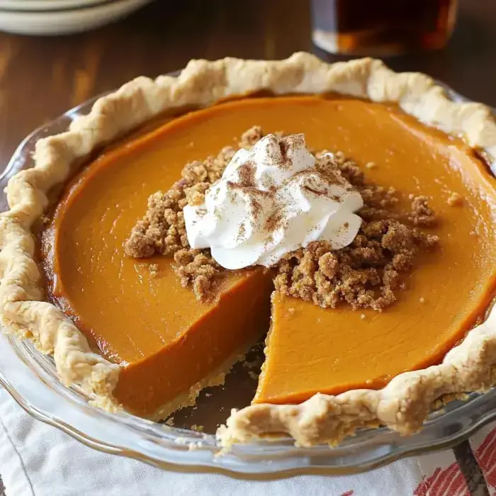 A sweet potato pie sits in a glass dish, one slice missing, fluffy whipped cream piled on top, and a little crumbly topping for crunch.