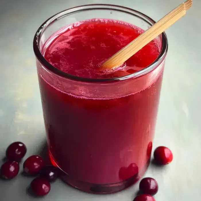 A glass packed with bright red juice and a wooden spoon, cranberries scattered around.