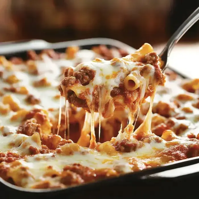 A gooey scoop of saucy, cheesy pasta with sausage being lifted up and showing off that stretchy cheese.