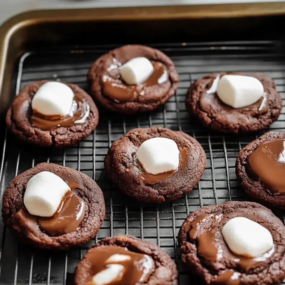 Fresh-baked chocolate cookies with gooey marshmallow centers and shiny chocolate on top sitting on a baking tray.