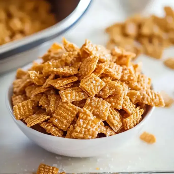 A bowl loaded with shiny, golden caramel-coated cereal chunks sits on a white table, surrounded by scattered pieces.