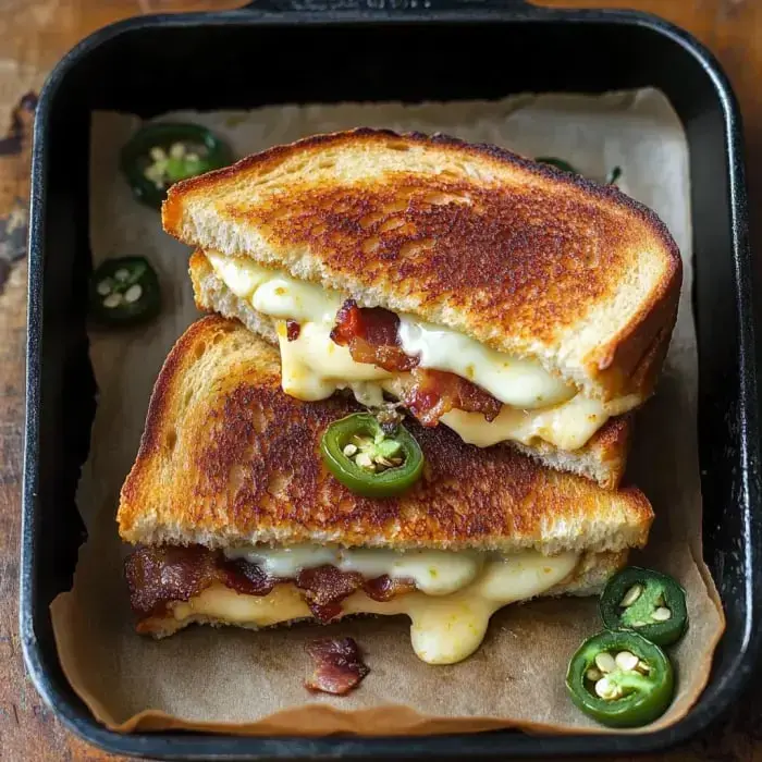 Close-up of a golden cheesy sandwich stacked with bacon and fresh jalapeño slices on top.