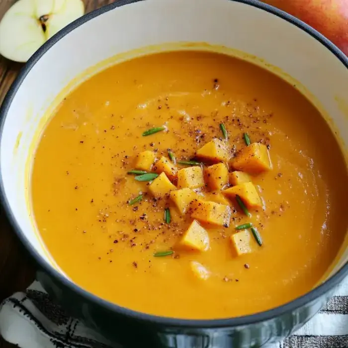 Orange soup in a bowl, topped with diced veggies and herbs. There’s part of an apple in the background.
