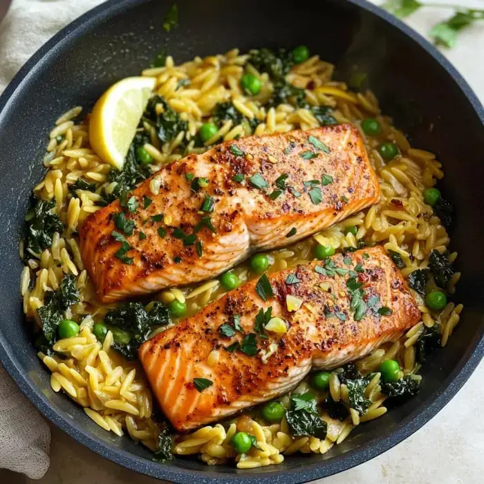 A skillet packed with creamy orzo pasta, two seared pieces of salmon, sprinkles of parsley, peas, kale, and a lemon wedge on the side.