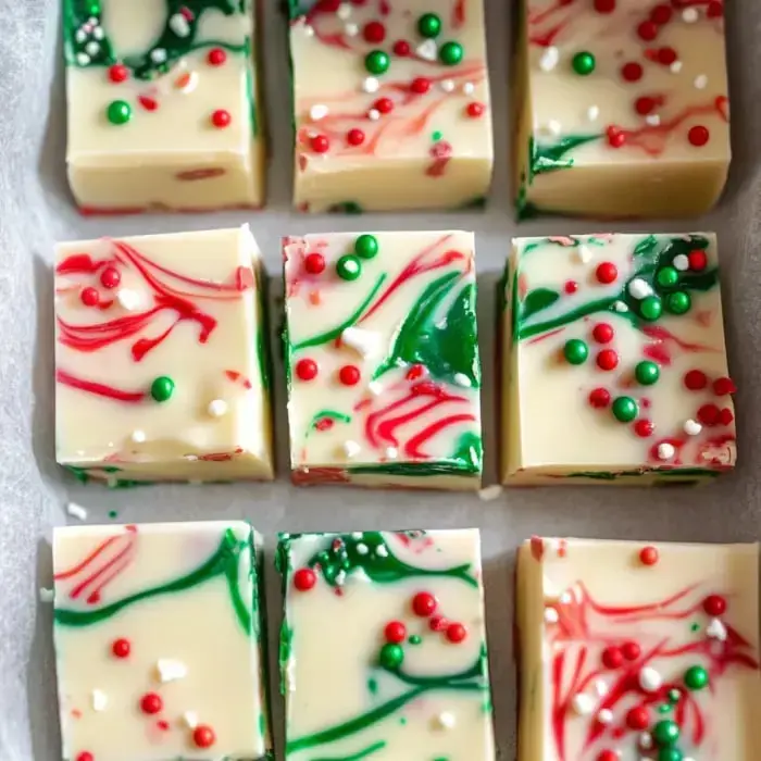 Overhead picture of bright, festive fudge squares topped with holiday sprinkles in red, white, and green.